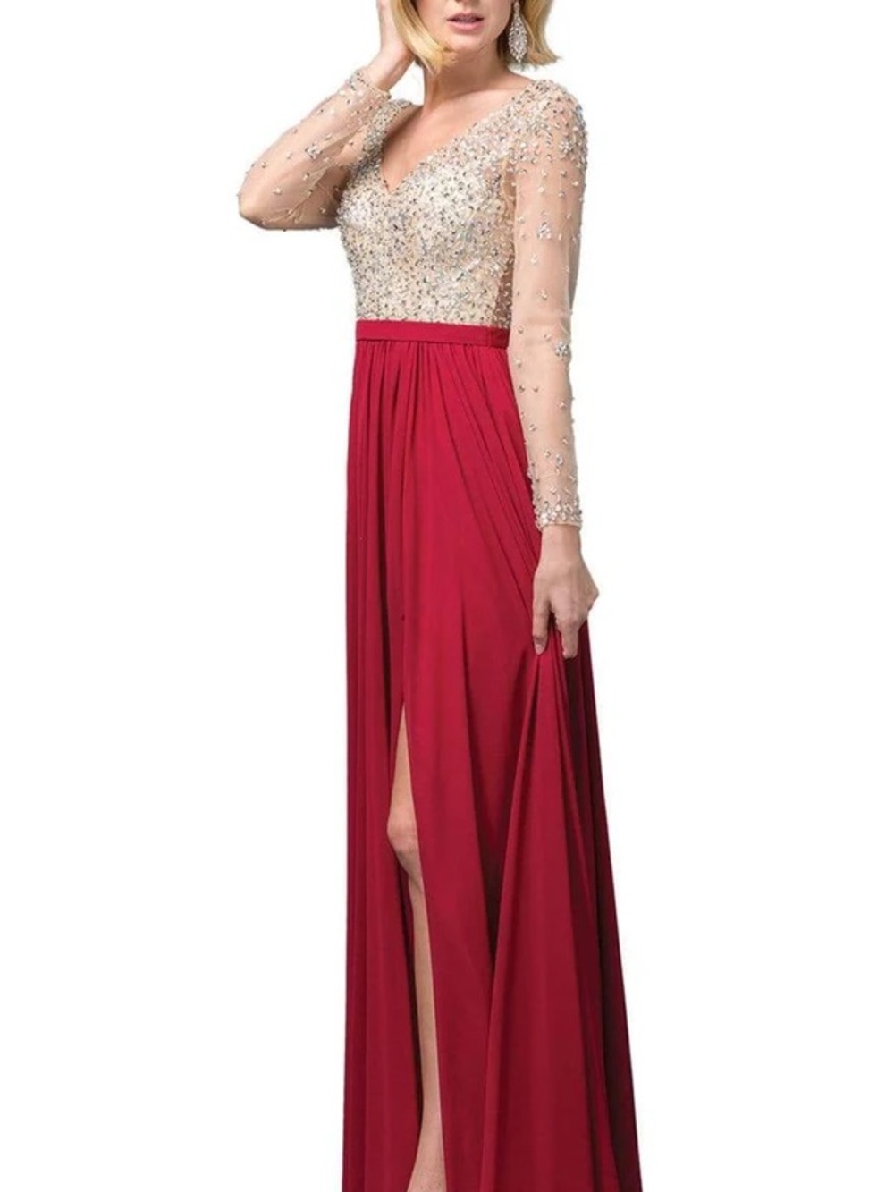 Dancing Queen Red Gown with Champagne Beaded Bodice